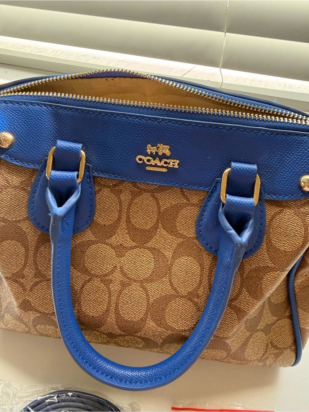 Coach Brown Signature Satchel with Blue Trim
